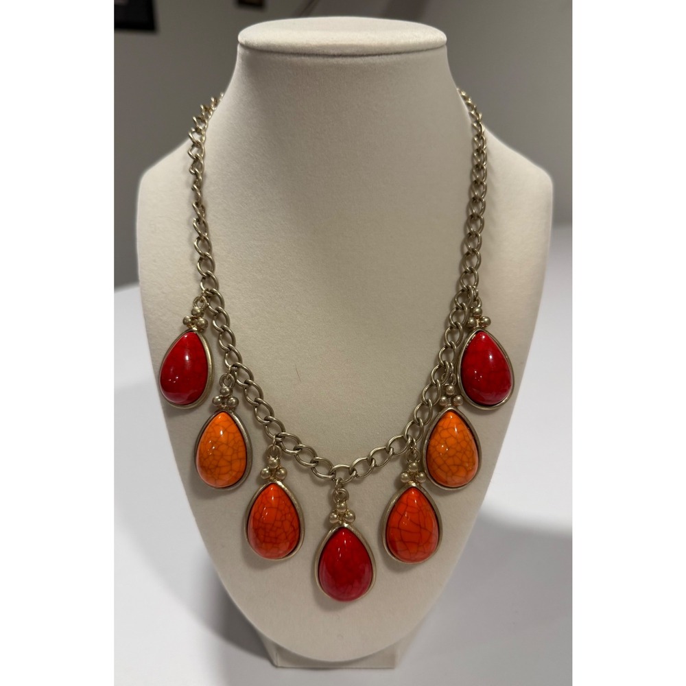 Red Orange Faux Stone Teardrop Statement Necklace Gold Tone Curb Chain Bib